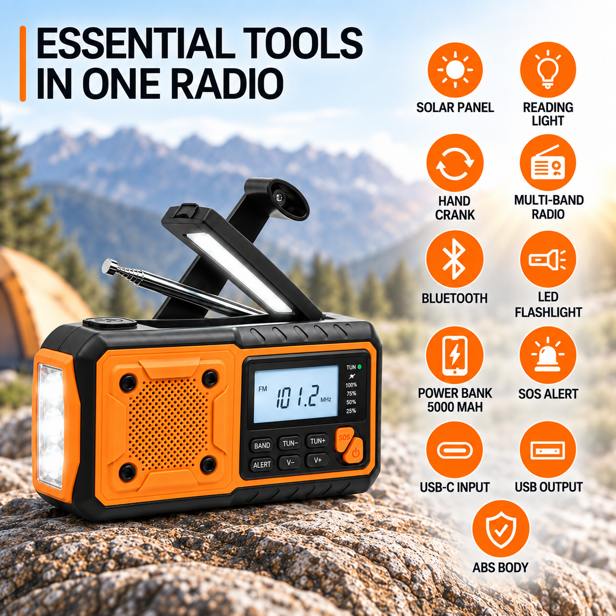 Emergency Crank Radio with Solar and Bluetooth