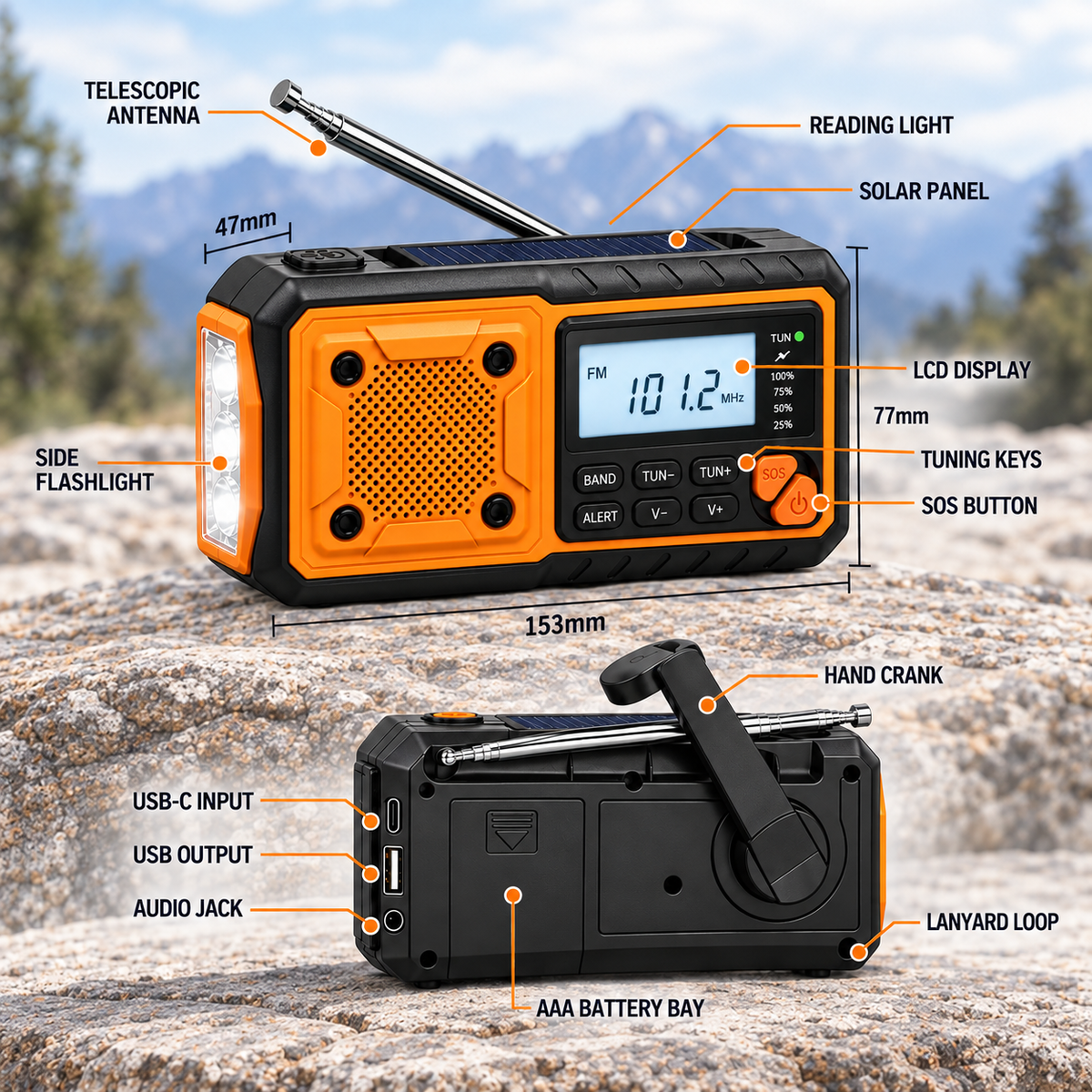 Emergency Crank Radio with Solar and Bluetooth