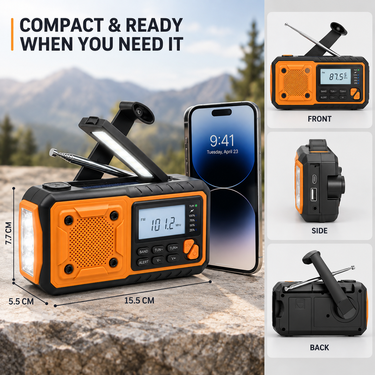 Emergency Crank Radio with Solar and Bluetooth