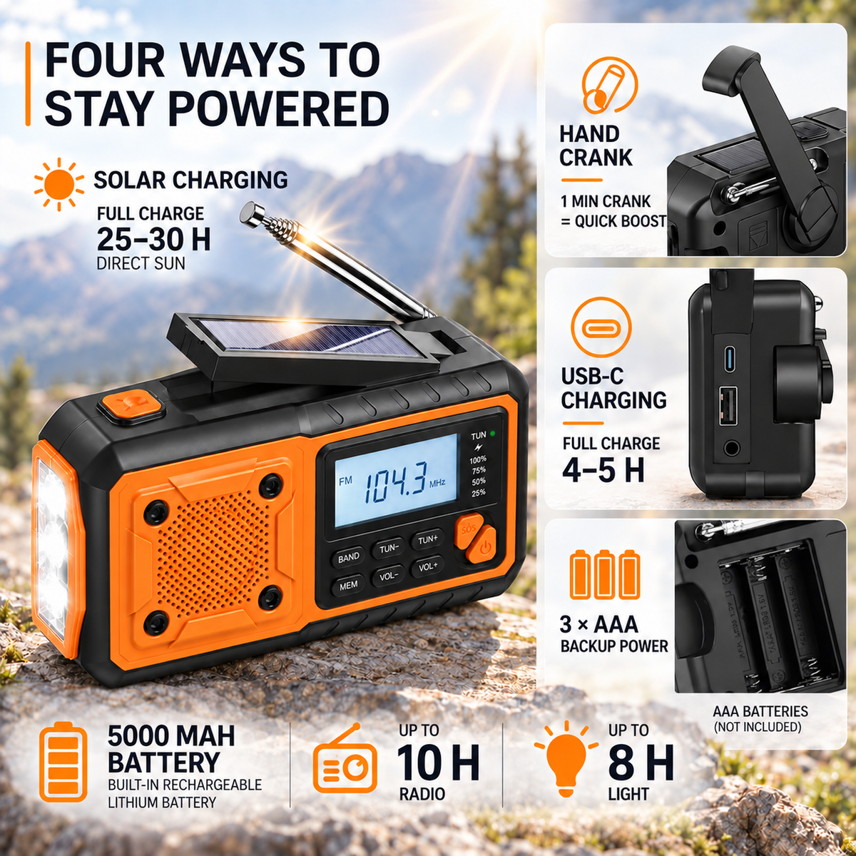 Emergency Crank Radio with Solar and Bluetooth